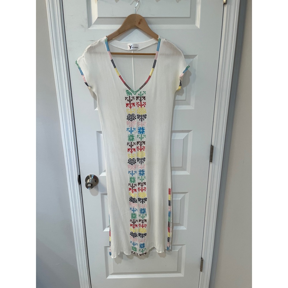 Kuyumari White Embroidered Midi Dress Multi Color Mexican Artisan Resort Wear S